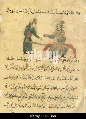 Eine Manuskriptseite aus Rabat, br, MS 3655, datiert um 1265-1280 n. Chr., mit komplizierten mittelalterlichen Texten und Illustrationen, die die Handwerkskunst des 13. Jahrhunderts hervorheben. Stockfoto