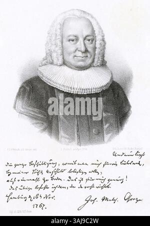 Ein weiteres Porträt von Johann Melchior Goeze, das 1758 von Christian Fritzsch und Johann Christian Gottfried Fritzsch geschaffen wurde, wurde in der Staats- und Universitätsbibliothek Hamburg aufbewahrt. Stockfoto