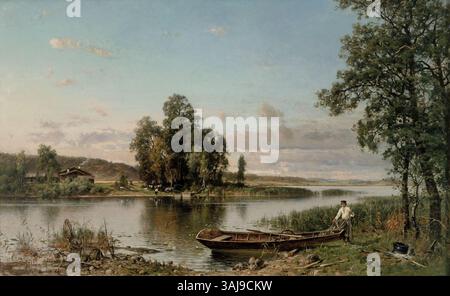 Hjalmar Munsterhjelms Gemälde einer Seenlandschaft aus Häme aus dem Jahr 1884 fängt die Schönheit der finnischen Landschaft ein. Mit Öl auf Leinwand erweckt Munsterhjelm die ruhige Seeszene zum Leben und zeigt die ruhige und malerische finnische Landschaft. Stockfoto