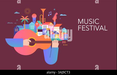 Bunte geometrische Vorlage für Sommermusik, Poster, Banner. Lustiges Sommerkonzept mit Gitarre und Stadtleben. Vektor Stock Vektor