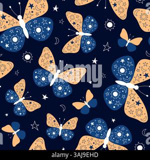 Abstrakte Schmetterlinge nahtlose Vektormuster. Motten mit Doodle Ornament auf Flügeln, Sonne, Mond, Sterne. Illustrierte skurrile Insekten auf Dunkelblau Stock Vektor