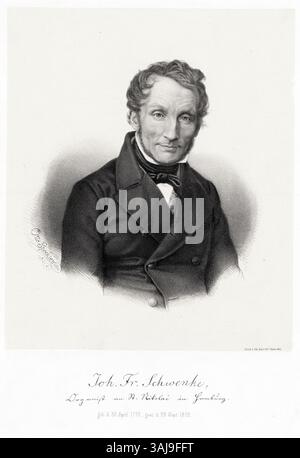 Porträt von Johann Friedrich Schwencke, Organist von St. Nikolai in Hamburg, geschaffen 1852 von Otto Speckter. Diese Lithografie spiegelt Schwenckes musikalische Beiträge und den Status in der Hamburger Kulturszene wider. Stockfoto