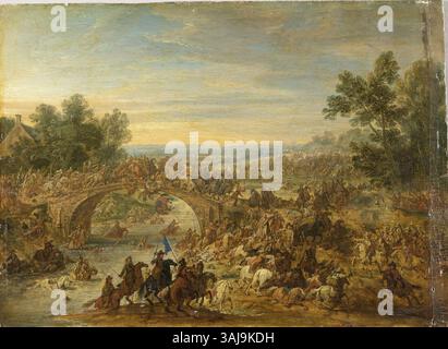 „Battle Near the Entrance to a Forest“ von Adam Frans van der Meulen (1650-1700) zeigt ein militärisches Gefecht in einer Waldlandschaft. Es ist ein Ölgemälde, signiert "A.F.V. Meulen A. Bruss". Im Louvre untergebracht. Stockfoto