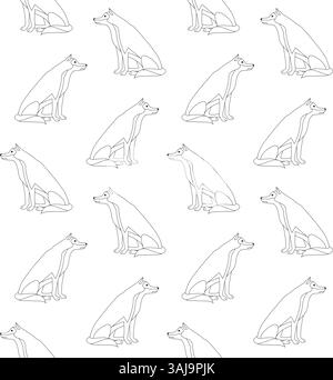Nahtloses Vektor-Muster der flachen Hand gezeichneten Umrisse sitzender Wolf isoliert auf weißem Hintergrund Stock Vektor
