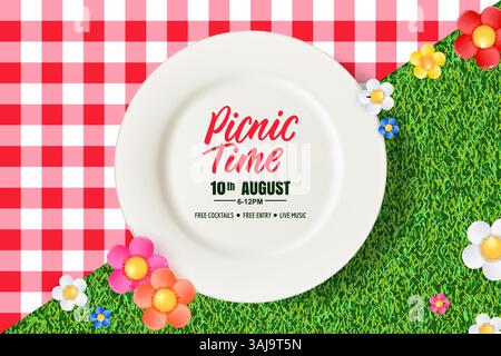 Picknick-Zeitbanner, Poster, Flyer, Einladung Design mit leerer weißer Keramikplatte, Tischdecke, mehrfarbige Blumen auf grünem Grashintergrund. Vektor Stock Vektor
