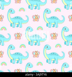 Lächelndes blaues nahtloses Dinosaurier-Muster mit Schmetterlingen und Regenbögen auf rosafarbenem Hintergrund Stock Vektor