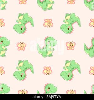 Nahtloses Dinosaurier- und Schmetterlingsmuster in sanften Pastelltönen Stock Vektor