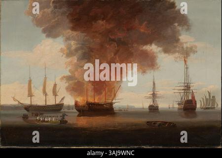 Dieses Ölgemälde aus dem 19. Jahrhundert zeigt die Verbrennung von H.M.S. Boyne in Spithead am 1. Mai 1795. Die Szene zeigt das dramatische Marineereignis, bei dem das Schiff vor Anker einen katastrophalen Brand erlitt. Stockfoto