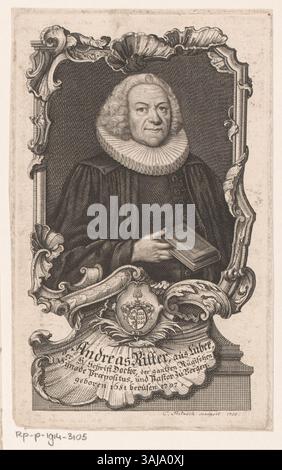Dieser Kupferstich von Christian Fritzsch aus dem Jahr 1755 zeigt Andreas Ritter. Der Druck ist im Rijksmuseum untergebracht und zeigt Porträttechniken aus dem 18. Jahrhundert. Stockfoto