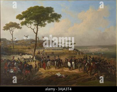Das Gemälde zeigt den Angriff und die Eroberung der Befestigungsanlagen vor La Corogne am 15. Juli 1823 durch Bourkes Division während des Halbinsel-Krieges. Die Szene wird mit lebhaften militärischen Aktionen dargestellt, während französische Truppen die spanische Verteidigung überwinden. Stockfoto