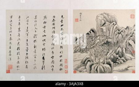 Ein Werk von Dong Qichang, einem bekannten chinesischen Künstler der Ming-Dynastie, wurde im Palastmuseum aufbewahrt. Das Gemälde veranschaulicht seinen Stil und seine Anwendung traditioneller Techniken. Stockfoto