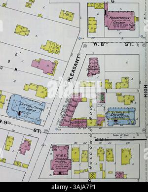 Die Sanborn Fire Insurance Map von 1891 zeigt die Piety Hill Gegend in des Moines, Iowa, mit wichtigen Gebäuden wie der First Methodist Episcopal Church, Central Church of Christ und St. Paul's Episcopal Church, die später eine Kathedrale wurde. Stockfoto