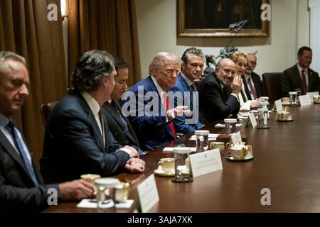 Washington, Usa. April 2025. U. US-Präsident Donald Trump, Mitte, spricht während einer Kabinettssitzung im Kabinettssaal des Weißen Hauses am 10. April 2025 in Washington, DC. Das Treffen findet einen Tag statt, nachdem Trump seine globalen gegenseitigen Zölle angehalten hatte. Quelle: Molly Roberts/White House Photo/Alamy Live News Stockfoto