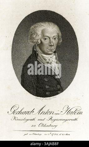 Ein Porträt von Gerhard Anton von Halem, Kanzler und Regierungsrat von Oldenburg aus dem Jahr 1802, erstellt von Johann Daniel Laurenz. Dieser Kupferstich ist Teil der Sammlung der Staats- und Universitätsbibliothek Hamburg Carl von Ossietzky. Stockfoto
