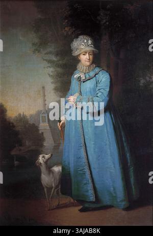 Ein Porträt von Katharina II. Von Russland, gemalt von Wladimir Borovikowski im Jahre 1794. Das Gemälde zeigt sie im Zarskosyelski-Park mit der Tschesmenski-Säule im Hintergrund. Stockfoto