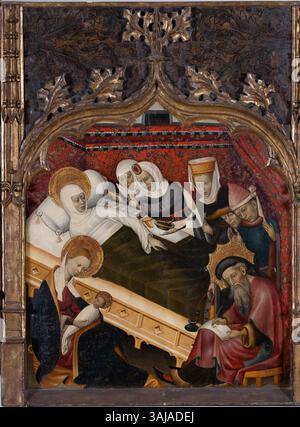 Dieses Gemälde von Bernat Martorell, um 1450, zeigt die Geburt Johannes des Täufers, eine bedeutende christliche Szene. Es ist Teil der Ausstellung „The Lost Mirror: Jews and Conversos in the Middle Ages“ im Museu Nacional d’Art de Catalunya im Jahr 2024. Stockfoto