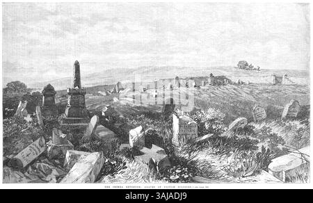 Diese Illustration aus dem Jahr 1869 aus der Illustrated London News zeigt die Gräber britischer Soldaten, die während des Krimkrieges starben. Die Darstellung fängt die Festlichkeit des britischen Offiziersfriedhofs auf dem Cathcart Hill ein und erinnert an die Soldaten, die in Sebastopol gekämpft haben. Stockfoto