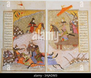 Dieses Gemälde aus Ibrahim-Sultans „Zafarnama“ von 1436 zeigt Haji Sayf al-DIN und Timur im Kampf. Die lebhafte Darstellung ihrer Konfrontation unterstreicht den historischen militärischen Konflikt zwischen zwei mächtigen Führern. Stockfoto