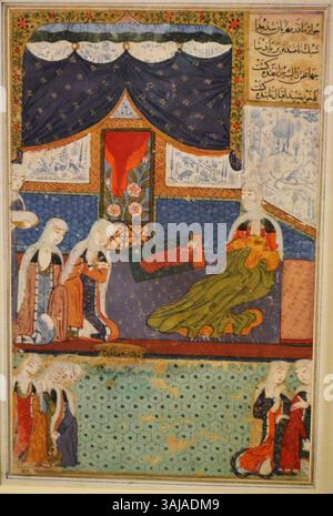 Darstellung der Geburt von Shah Rukh, Sohn von Timur, in Samarkand am 20. August 1377. Aus dem Zafarnama-Manuskript von 1436 veranschaulicht dieses Kunstwerk die Bedeutung von Shah Rukh im Kontext von Timurs Vermächtnis, insbesondere seine Geburt und seine politische Symbolik. Das Gemälde ist ein wichtiges visuelles Element in der historischen Erzählung der Timuriden. Stockfoto