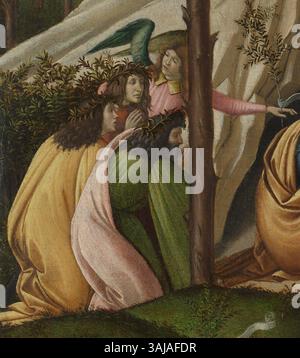 Sandro Botticellis „Mystische Geburt“ (1500) stellt die Geburt Christi dar, wobei Maria das Christuskind hält und von Engelswesen umgeben ist. Dieses Öl auf Leinwand Gemälde, das in der National Gallery untergebracht ist, veranschaulicht Botticellis Kunst und Ikonographie. Stockfoto