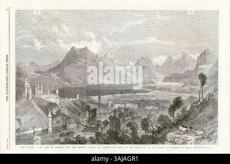 Ein Aquarell mit Blick auf den Vierwaldstättersee, wie von der Pension Wallis aus gesehen, gemalt von William Collingwood Smith. Das Kunstwerk wurde in der Ausstellung Society of Painters in Watercolours gezeigt, wie in den Illustrated London News vom 3. Juli 1869 berichtet wurde. Stockfoto