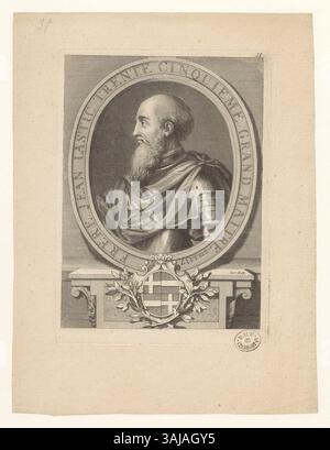 Dieser Tiefdruck aus der Sammlung Boyer zeigt Frère Lastic, den 35. Großmeister aus dem Jahr 1437. Das Kunstwerk unterstreicht seine Rolle in der Führung der Templer im Mittelalter. Stockfoto