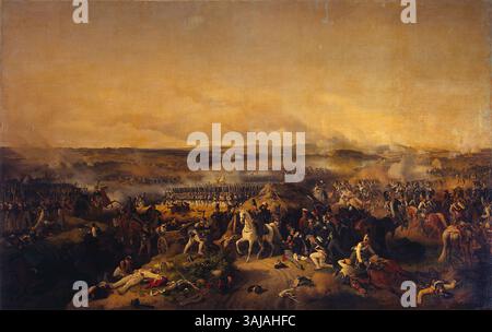 Peter von Hess’ Ölgemälde der Schlacht von Borodino aus dem Jahr 1843 zeigt die intensive Auseinandersetzung während Napoleons Invasion in Russland im Jahr 1812. Die in den Originalfarben gezeigte Szene ist im Eremitage Museum untergebracht und zeigt das Ausmaß und die Brutalität der Schlacht. Stockfoto