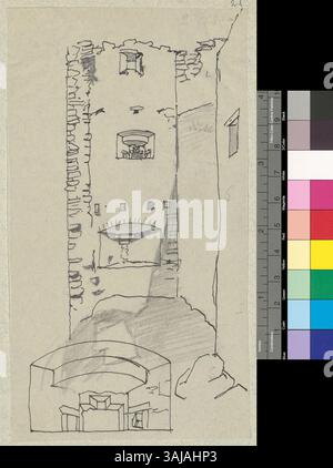 Der Blick auf den Turm von Tarasp Castle in Tarasp, vom Innenhof aus gesehen, mit Blick auf die Fensternische. Stockfoto