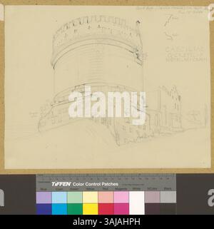 Das Bild zeigt das Capo di Bode, auch bekannt als das Grab der Caecilia Metella, das sich entlang der Via Appia in Rom befindet. Das Gebäude ist ein altes Mausoleum aus dem 1. Jahrhundert v. Chr. und gehört zu den historischen Denkmälern entlang der Appia Way. Stockfoto