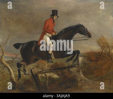 Porträt von Sir Henry Goodricke, 7. Baronet, von John Ferneley, gemalt am 21. August 1833. Die Szene zeigt Goodricke, die einen Zaun auf seinem grauen Jäger aufräumt, was seine prominente Rolle in der britischen Jagdwelt des 19. Jahrhunderts widerspiegelt. Stockfoto