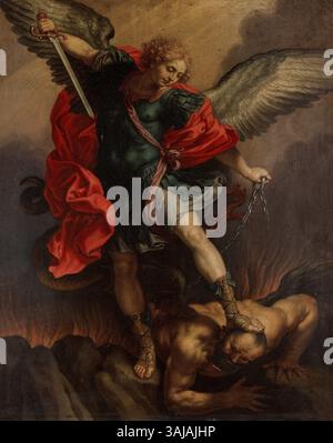 Dieses Gemälde von Pieter van Lint aus dem Jahr 1669 stellt den Heiligen Michael den Erzengel in einer dramatischen und detaillierten Darstellung dar. Signiert mit dem Monogramm des Künstlers und dem Datum unten links. Das Kunstwerk ist ein Öl auf Kupfer. Stockfoto