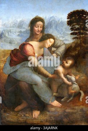 Leonardo da Vincis Gemälde „die Jungfrau und das Kind mit der Heiligen Anna“ (um 1503) zeigt die Heilige Anna, die Jungfrau Maria und das Christuskind. Dieses unvollendete Werk zeigt Leonardos Können in der Hell-Dunkel-Technik und seine anatomische Präzision und veranschaulicht die familiäre Bindung zwischen den Figuren. Sie befindet sich in der National Gallery in London. Stockfoto