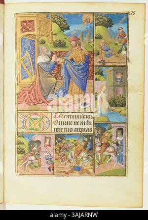 Diese beleuchtete Manuskriptseite aus dem späten 15. Jahrhundert zeigt die biblische Geschichte von David und Bathseba. Die Seite ist Teil des Livre d’heures à l’use de Rouen, das in der Bibliothèque nationale de France aufbewahrt wird. Stockfoto
