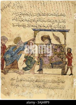 Eine Handschriftenabbildung aus dem 13. Jahrhundert aus Maqamat 1222, Folio 31r, die eine weitere Schlüsselszene in der Handschrift darstellt. Diese Abbildung zeigt einen wichtigen kulturellen oder sozialen Moment. Stockfoto