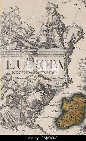 Eine Karte von Peter Schenk dem Älteren aus dem Jahr 1700, die Europa mit einer detaillierten Kartusche darstellt. Die Karte zeigt europäische Gebiete und Grenzen aus dem frühen 18. Jahrhundert, die Teil des „Atlas kontratus“ sind. Stockfoto