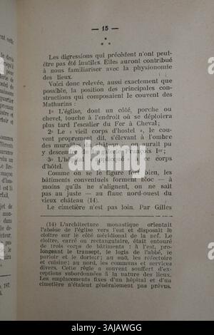 Foto von Seite 15 aus dem 1923 erschienenen Buch „Le Cimetière des Mathurins“ von Eugène Plouchart. Das Foto wurde am 22. Juni 2021 in der Mediathek Fontainebleau aufgenommen, wo das Buch aus lokalen Sammlungen stammt. Stockfoto