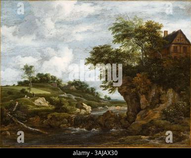 Jacob van Ruisdaels *Paysage avec une Cascade* (um 1655) stellt einen Wasserfall in einer üppigen Landschaft dar und zeigt sein Talent, die Pracht der Natur einzufangen. Das Gemälde spiegelt die Fähigkeit des niederländischen Meisters wider, sowohl Wasser- als auch Naturlandschaften mit außergewöhnlichem Realismus darzustellen. Stockfoto
