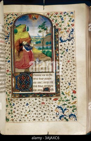 Das um 1470 entstandene „Buch der Stunden“, das dem Meister des Troyes-Misshals zugeschrieben wird, zeigt eine Manuskriptbeleuchtung von König David im Gebet. Dieses Werk, das in der Houghton Library untergebracht ist, veranschaulicht spätmittelalterliche religiöse Kunst. Stockfoto