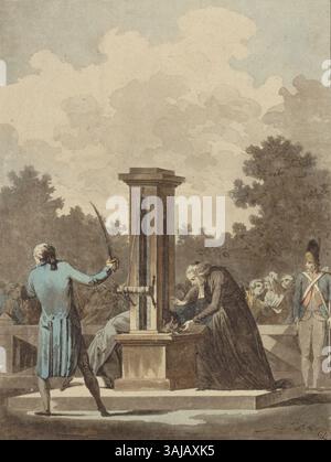 Eine abgeschnittene Version von Jean-Francois Janinets 1789-1791, die das Design der Guillotine illustriert und die verurteilte Person, den Priester und den Henker zeigt. Stockfoto