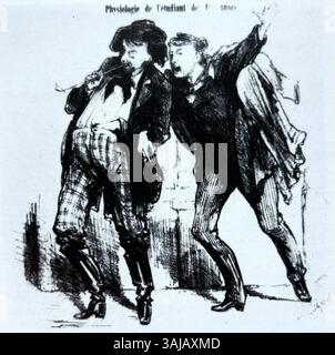 Diese Lithografie von Léon Philippet aus dem Jahr 1868 veranschaulicht die Physiologie eines Studenten im ersten Jahr, veröffentlicht im Almanach des étudiants de Liège, das im Musée de la Vie Wallonne gehalten wird. Stockfoto