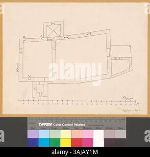 Johann Rudolf Rahns Kunstwerk aus dem Jahr 1906 präsentiert den Grundriss der ehemaligen Pfarrkirche St. Paul in Räzüns und zeigt dabei die architektonische Gestaltung und den Aufbau der Kirche. Stockfoto