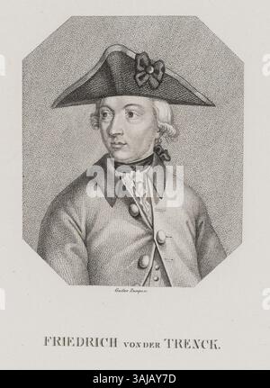 Ein raffinierter Kupferstich von Friedrich von der Trenck von Gustav Adolph Ludwig Zumpe, der die würdevolle Haltung und den Ausdruck des Themas im traditionellen Stil des späten 18. Jahrhunderts einfängt. Stockfoto