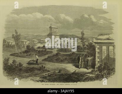 Diese Illustration aus dem Jahr 1869 aus der Illustrated London News zeigt den französischen Friedhof auf der Krim. Es stellt die letzte Ruhestätte französischer Soldaten dar, die während des Krimkrieges starben und ein Gefühl von Ehre und Erinnerung wecken. Stockfoto