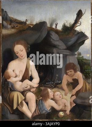 Jan Mostaerts Gemälde „Eva mit vier Kindern“, das um 1520 entstand, ist eine Darstellung der biblischen Geschichte der ersten Familie. Das Tempera- und Ölwerk auf der Tafelplatte ist im Clark Art Institute untergebracht. Stockfoto