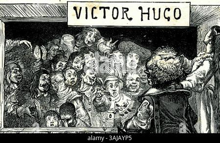 Dieses Detail aus der illustrierten Ausgabe von Victor Hugos „L’Homme qui rit“ aus dem Jahr 1876 zeigt einen Holzstich von Daniel Vierge. Die Illustration, die auf der Eröffnungsgeschichte basiert, ist eine ikonische Darstellung der Atmosphäre und Umgebung der Geschichte. Stockfoto