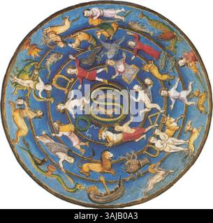 Diese astronomische Illustration aus dem 15. Jahrhundert zeigt die nördliche Hemisphäre des Tierkreislaufs als Teil der „Miscellanea astronomica“. Er hebt die Himmelspositionen der Sterne und die astrologische Bedeutung der Tierkreiszeichen hervor. Stockfoto