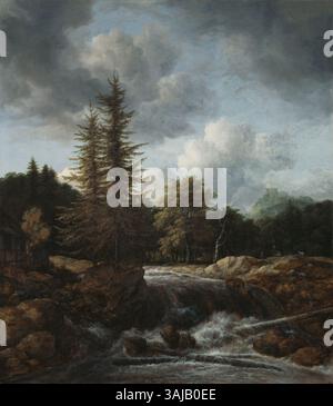 Jacob van Ruisdaels Landschap Met waterval (Landschaft mit Wasserfall), ein Ölgemälde aus der Zeit um 1660–1670, das die niederländische Barocklandschaft mit einem dramatischen Wasserfall zeigt und die natürliche Schönheit der niederländischen Landschaft einfängt. Stockfoto