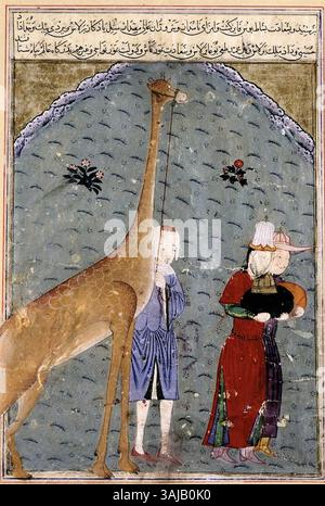Diese Illustration aus dem Jahr 1436 aus dem *Zafarnama* zeigt die Botschafter des ägyptischen Sultans, die Timur in Samarkand eine Giraffe und andere Tribut-Geschenke überreichen. Die Szene spiegelt den kulturellen Austausch und die Diplomatie der damaligen Zeit wider. Stockfoto