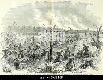 Dieser Druck zeigt die Bayonet-Anklage der New Yorker Freiwilligen, bekannt als die Hawkins Zouaves, während der Schlacht von Roanoke Island am 8. Februar 1862, was einen bedeutenden Sieg der Union im Bürgerkrieg markiert. Stockfoto