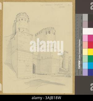 Johann Rudolf Rahns Zeichnung von 1866 zeigt die Porta S. Sebastiano, ein altes Tor entlang der Via Appia in Rom, Italien, und zeigt die Architektur und Umgebung des Tors. Stockfoto